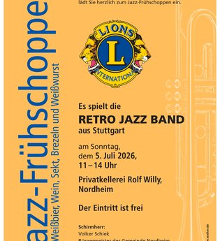 Plakat Jazz-Frühschoppen mit Datum, Uhrzeit und Info zu freiem Eintritt | © Lions-Club Zabergäu e. V.