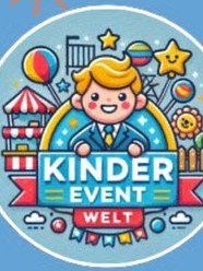 Graphik mit kleinem Jungen, das ein Banner mit Kindereventwelt hochhält