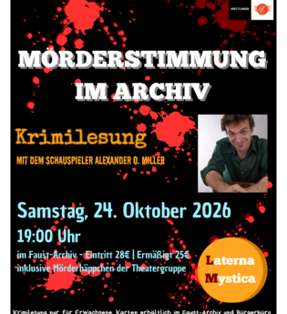Der Schauspieler Alexander O. Miller liest auf seiner ausdrucksstarken Art spannende Krimikurzgeschichten. Als Kulisse dient dieses Jahr das Faust-Archiv.