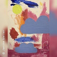 Buntes Kinderbild mit Wolken, Sonne und abstrakten Formen.