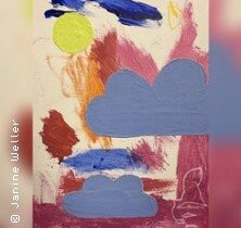 Buntes Kinderbild mit Wolken, Sonne und abstrakten Formen.