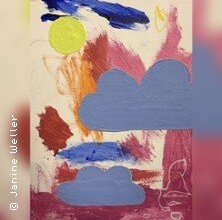 Buntes Kinderbild mit Wolken, Sonne und abstrakten Formen.