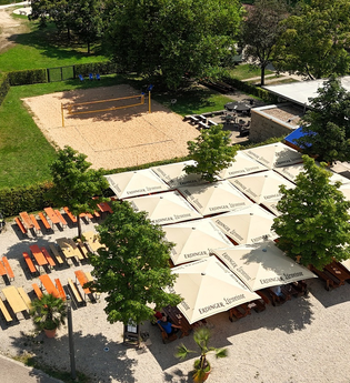 Luftaufnahme mit Blick auf den Biergarten am Kocher | © Touristikgemeinschaft Hohenlohe e.V. | Biergarten am Kocher, Künzelsau