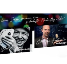 Werbung für eine Zaubershow mit zwei Künstlern, die Karten- und Mentalmagie präsentieren. | © see on the left