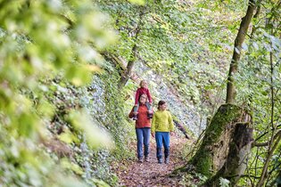 Eine Mutter wandert mit ihren zwei Töchtern durch den Wald | © Touristikgemeinschaft Hohenlohe e. V. | Florian Trykowski