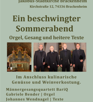 Plakat der Veranstaltung Orgel & Wein mit Datum und Foto des Männergesangsquartett sowie Orgel | © Ev. Bezirkskantorat Brackenheim