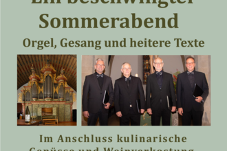 Plakat der Veranstaltung Orgel & Wein mit Datum und Foto des Männergesangsquartett sowie Orgel | © Ev. Bezirkskantorat Brackenheim