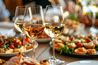 Drei gefüllte Weingläser stehen auf einem gedeckten Tisch mit diversen Tellern und Gerichten im Hintergrund. | © Moser Brugfeld