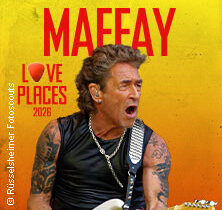 Musiker mit Gitarre vor gelb-orangefarbenem Hintergrund, Text: Maffay Love Places 2026. | © links im Bild