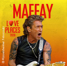 Musiker mit Gitarre vor gelb-orangefarbenem Hintergrund, Text: Maffay Love Places 2026. | © links im Bild
