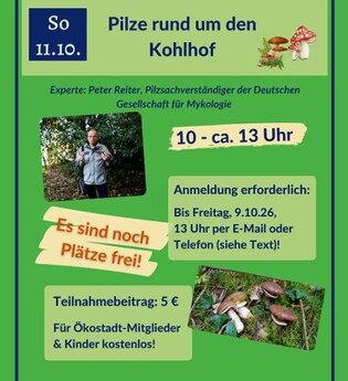 Ankündigung der Exkursion "Pilze rund um den Kohlhof" am 11.10.2026 von 10 - 13 Uhr