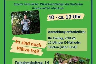 Ankündigung der Exkursion "Pilze rund um den Kohlhof" am 11.10.2026 von 10 - 13 Uhr