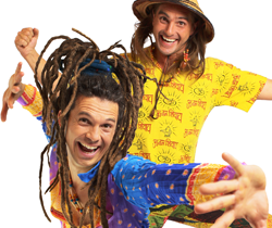 Bild von Rodscha-Tom im Blauen und gelben Kostüm und Dreadlocks bzw Spitzem Hut