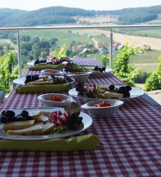 Ein Tisch mit karierter Tischdecke, auf dem Teller mit Käse, Trauben und Gemüse stehen. Im Hintergrund kann man auf eine Landschaft mit Wiesen, Wälder, Weinbergen und Häusern blicken. | © Touristikgemeinschaft Hohenlohe e. V. | Brigitte Kretschmer