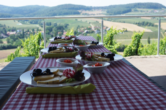 Ein Tisch mit karierter Tischdecke, auf dem Teller mit Käse, Trauben und Gemüse stehen. Im Hintergrund kann man auf eine Landschaft mit Wiesen, Wälder, Weinbergen und Häusern blicken. | © Touristikgemeinschaft Hohenlohe e. V. | Brigitte Kretschmer