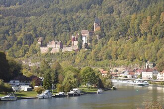 Blick auf Schloss Zwingenberg mit Neckar / Odenwald | © Touristikgemeinschaft Odenwald e.V.