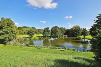 Stausee in Bretzfeld mit grüner Wiese, Bäumen und blauem Himmel | © Touristikgemeinschaft Hohenlohe e.V. | Andi Schmid