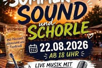 Plakat zum „Sommer Sound und Schorle“ des SV Zeutern am 22.08.2026 ab 18 Uhr. Zu sehen sind eine sommerliche Feststimmung mit Lichterketten, Getränk und Vereinslogo. Angeboten werden Live-Musik mit Holger, Pils- und Weinstand sowie ein Foodtruck. | © SV Zeutern