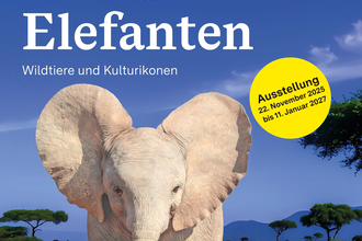 Ein Plakat zur Elefantenausstellung im Residenzschloss Mergentheim. Ein junger Elefant steht auf einer Wiese, blauer Himmel im Hintergrund. | © Staatliche Schlösser und Gärten Baden-Württemberg