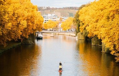 In der Mitte des Neckars steht eine Person auf einem roten Paddelboard. Der Neckar ist umrahmt mit großen Laubbäumen die schon Herbstlaub tragen. Weit in der Ferne kann man den Wartberg mit dem Restaurant auf der Höhe erkennbar
