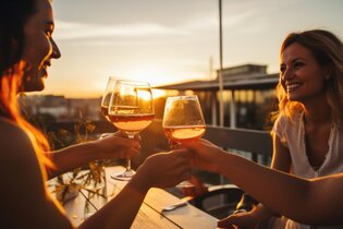 Abendstimmung im Sonnenuntergang am Weinausschank. Eine Gruppe Frauen, die mit Weingläsern anstoßen. | © Neckar-Zaber-Tourismus e.V.