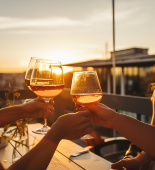 Abendstimmung im Sonnenuntergang am Weinausschank. Eine Gruppe Frauen, die mit Weingläsern anstoßen. | © Neckar-Zaber-Tourismus e.V.