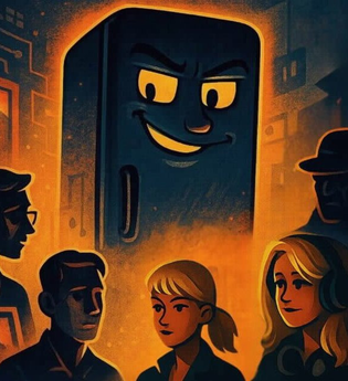 gezeichnetes Szenenfote der fünf Gauner bei Nacht