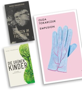 Die Bücher von Olga Tokarczuk: Empusion (2022), Übungen im Fremdsein (2020) sowie Die grünen Kinder (2020) | © Kampa Verlag