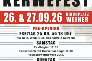 as Bild zeigt ein hochformatiges Veranstaltungsplakat für das traditionelle Kerwefest in Weiher. Der Hintergrund ist überwiegend hell gehalten und zeigt im oberen Bereich leicht transparent eine Kirche mit Kirchturm. Die Gestaltung verwendet vor allem die