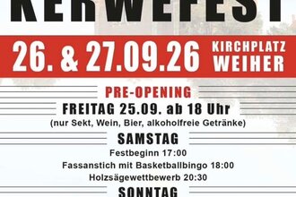 as Bild zeigt ein hochformatiges Veranstaltungsplakat für das traditionelle Kerwefest in Weiher. Der Hintergrund ist überwiegend hell gehalten und zeigt im oberen Bereich leicht transparent eine Kirche mit Kirchturm. Die Gestaltung verwendet vor allem die