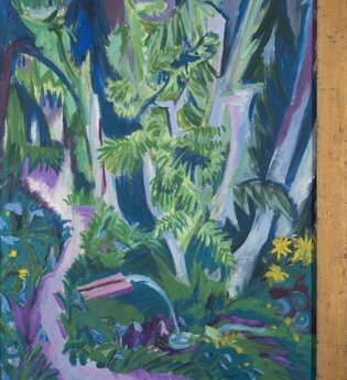 Waldinneres im Bergwald, ein Gemälde von Ernst Ludwig Kirchner (1880 – 1938) aus dem Jahr 1918, im Originalrahmen; seit 2022 im Kurpfälzischen Museum (Foto: KMH)