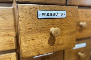 geöffnete Schublade eines Apothekerschranks mit der Aufschrift "Melissenblätter"