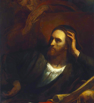 Der Alchemist Doktor Faust in nachdenklicher Pose mit dem Teufel Mephisto, der ihn schelmisch grinsend beobachtet