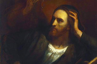 Der Alchemist Doktor Faust in nachdenklicher Pose mit dem Teufel Mephisto, der ihn schelmisch grinsend beobachtet