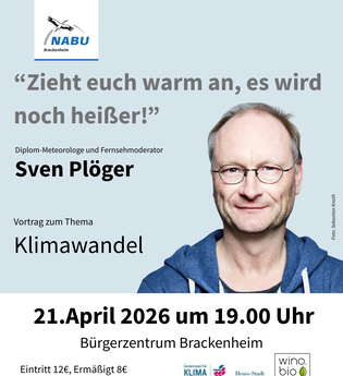 Sven Plöger ist neben dem Schriftzug "zieht euch warm an, es wird noch heißer - Vortrag zum Thema Klimawandel" zu sehen