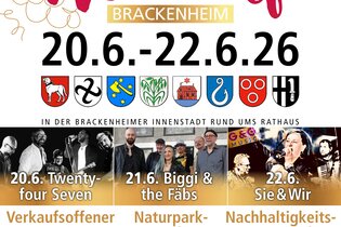 Plakat für Weindorf Brackenheim mit Datum 20.06 bis 22.06. sowie jeweiligen Acts, am 20.06. Twenty-four Seven, am 21.06. Biggi & the Fäbs, 22.06. Sie & Wir