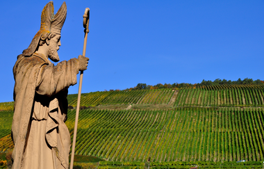 Im Vordergrund sieht man eine Statue des S. Kilian, die von der Seite fotografiert wurde. Im Hintergrund sind die Weinberge. | © Thomas Weller