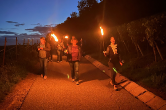 Personengruppe mit Fackeln in den Weinbergen