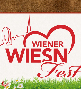 Rote Aufschrift "Wiener Wiesn Fest" mit gezeichneter Skyline im Hintergrund und künstlicher Wiese, Blumen und einem Schmetterling | © Touristikgemeinschaft Hohenlohe e. V. | Michael Wendler, Hoftheater Öhringen