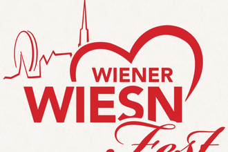 Rote Aufschrift "Wiener Wiesn Fest" mit gezeichneter Skyline im Hintergrund und künstlicher Wiese, Blumen und einem Schmetterling | © Touristikgemeinschaft Hohenlohe e. V. | Michael Wendler, Hoftheater Öhringen