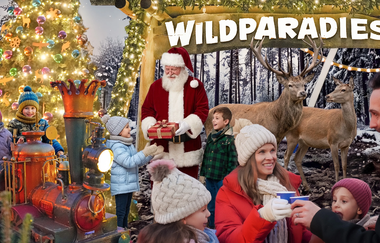 WinterWunderWald-KeyVisual-Vorschau mit Weihnachtsmann, Kindern, Rentieren, beleuchtetem Tannenbaum und einer kleinen Dampflok im verschneiten Wald.