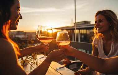 Abendstimmung im Sonnenuntergang am Weinausschank. Eine Gruppe Frauen, die mit Weingläsern anstoßen. | © Neckar-Zaber-Tourismus e.V.