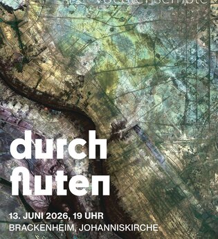 Schriftzug durch fluten ist abgebildet vor grün und lila gemustertem Hintergrund | © Zwölfklang Vokalensemble