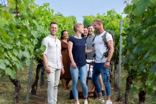 In der Mitte des Bildes steht eine Gruppe aus Personen, alle mit einem breiten Lächeln. Sie stehen zwischen zwei Reben. Die Blätter sind grün, der Himmel ist blau und fast wolkenlos. Die Stimmung wirkt locker und fröhlich.