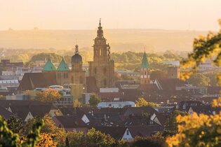 das Bild zeigt die Stadtansicht von Heilbronn mit Kilianskirche, Hafenmarktturm, Deutschhof im warmen Abendlicht umrahmt von Büschen und Bäumen | © Heilbronn Marketing GmbH