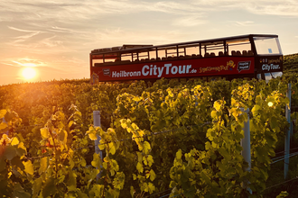 Im Bildvordergrund sind von der Abenddämmerung angestrahlte Weinreben zu sehen. Im Hintergrund ist der rote Doppeldeckerbus mit Cabriodach und Personen an Bord erkennbar | © Heilbronn Marketing GmbH