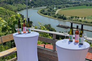 Aussicht am Weinberghaus über dem Neckar mit Stehtischen und Wein | © Eduard Neukamm