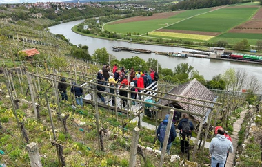 Gruppe am Weinberghaus der steilen Helden mit Aussicht auf den Neckar | © Michael Schatz