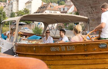 Ausflugsfahrt auf dem Neckar, Altstadt Kulisse Heidelberg