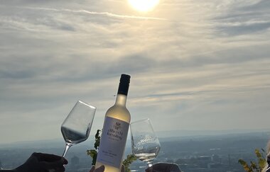 Ein Foto im Gegenlicht bei Sonnenuntergang aufgenommen. Mehrere Personen stoßen mit Weingläsern und einer Weinflasche an. | © Die Weinschmeckerin Nicole Halter